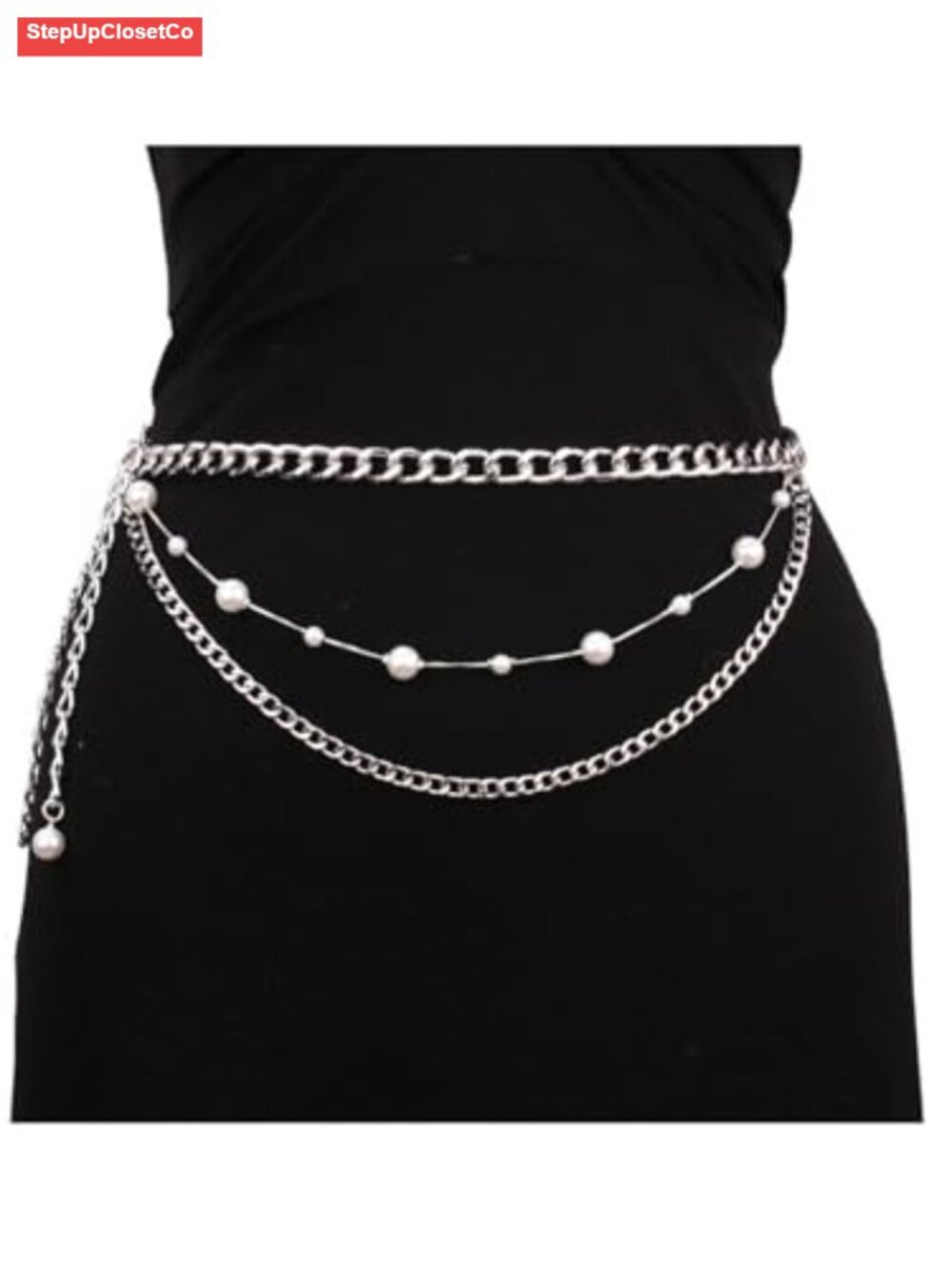 Women Body Chain Belt with Pearl, Silver Alloy Waist Chain, Plus Size Layered - Picture 3 of 6